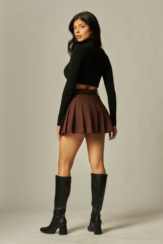 Scuba Belted Pleated Mini Skirt Skort