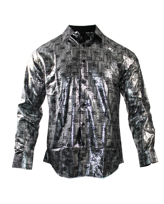 Men's Shirt Long Sleeve Silver With Black